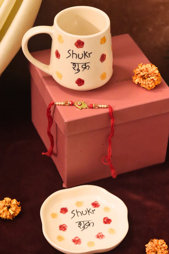 Shukr Mug & Handmade Dessert Plate Rakhi Gift Box made by ceramic