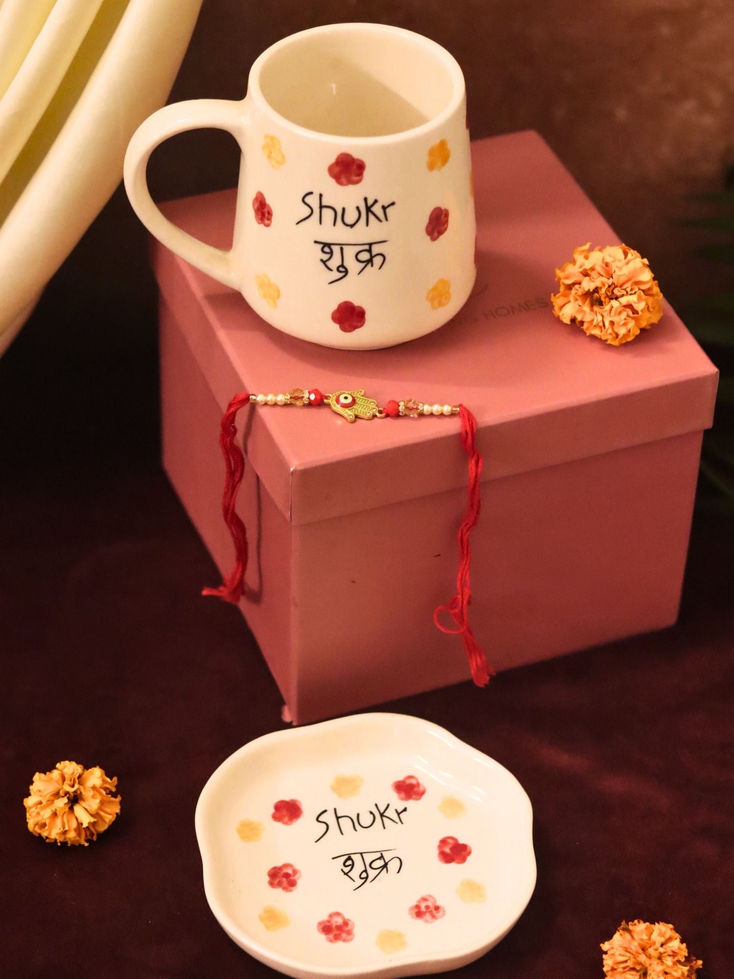 Shukr Mug & Handmade Dessert Plate Rakhi Gift Box made by ceramic
