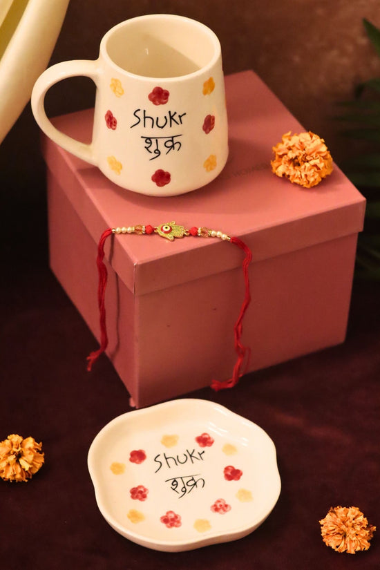Shukr Mug & Handmade Dessert Plate Rakhi Gift Box with premium quality material