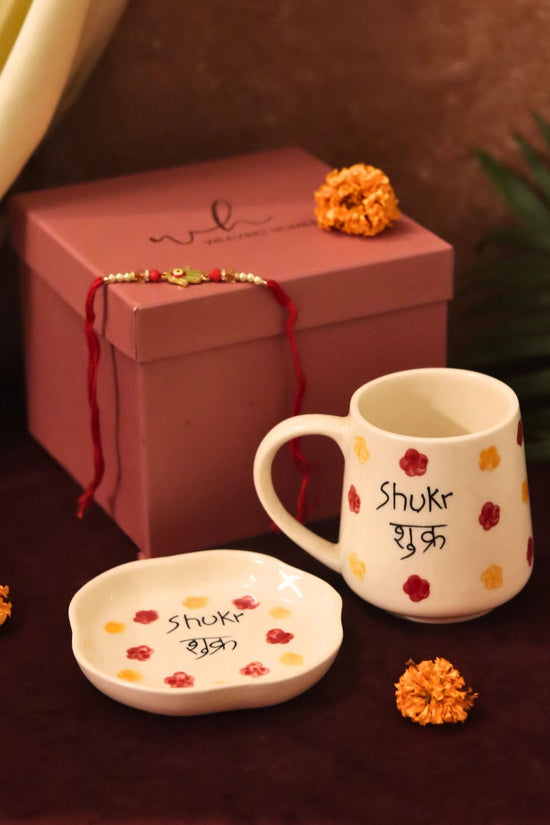 Shukr Mug & Handmade Dessert Plate Rakhi Gift Box handmade in India