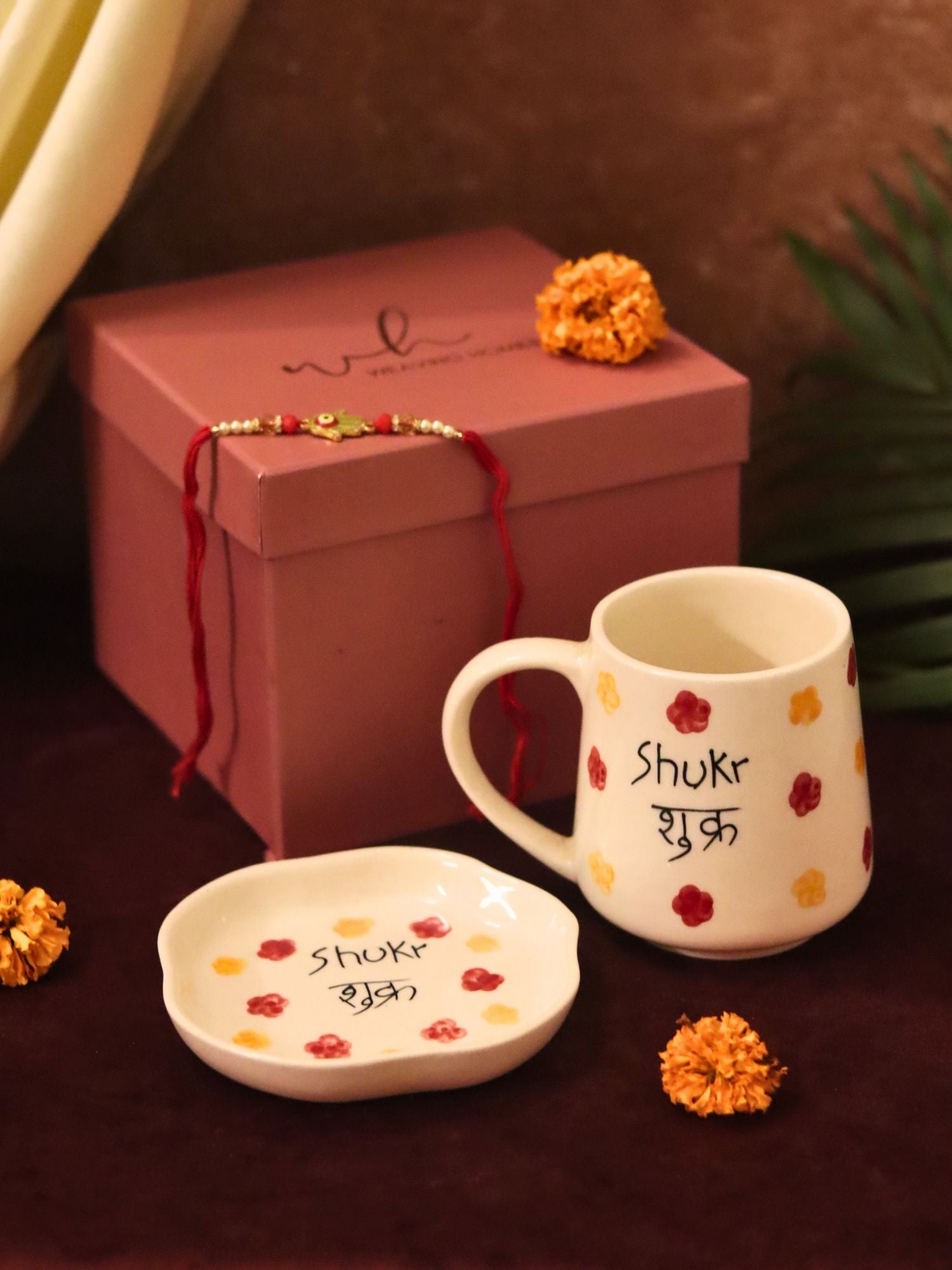Shukr Mug & Handmade Dessert Plate Rakhi Gift Box handmade in India