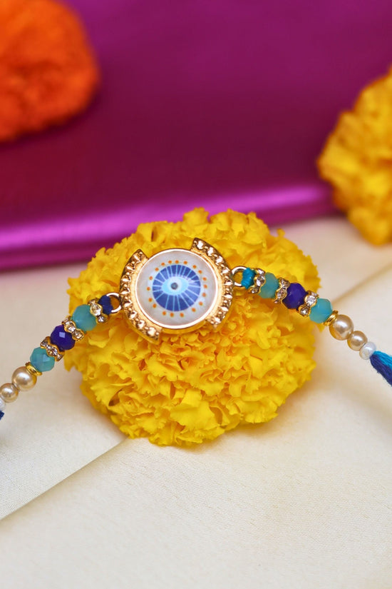 ⁠Indie Evil Eye Rakhi handmade in India