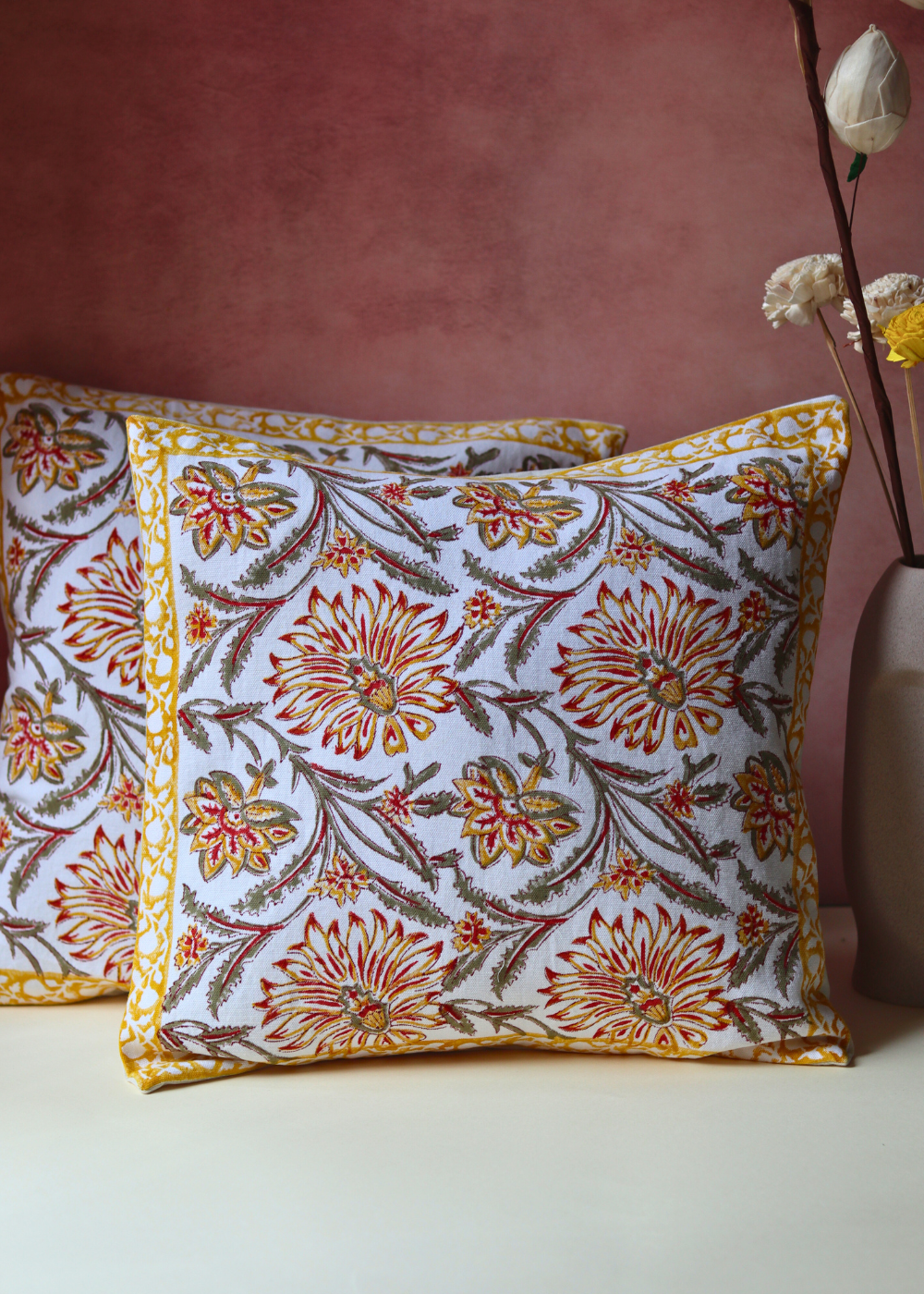Block printed cotton cushion covers floral design