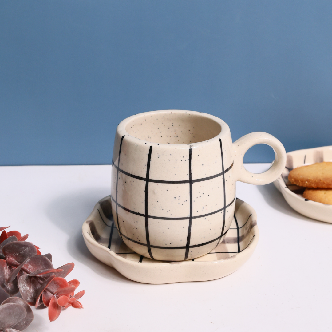 chequered cuddle mug & checks handmade dessert plate made by ceramic 