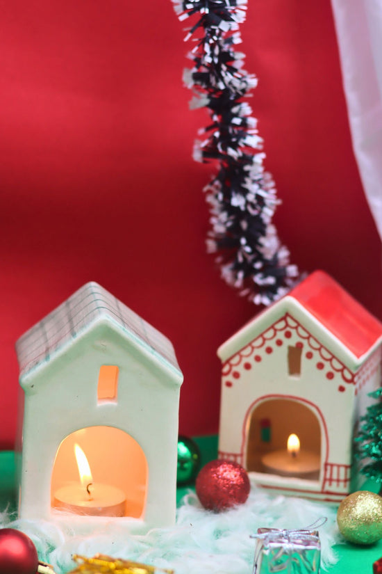 Set of 2 - Christmas Hut & Green House tea light holder