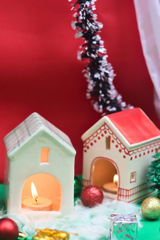 Set of 2 - Christmas Hut & Green House tea light holder