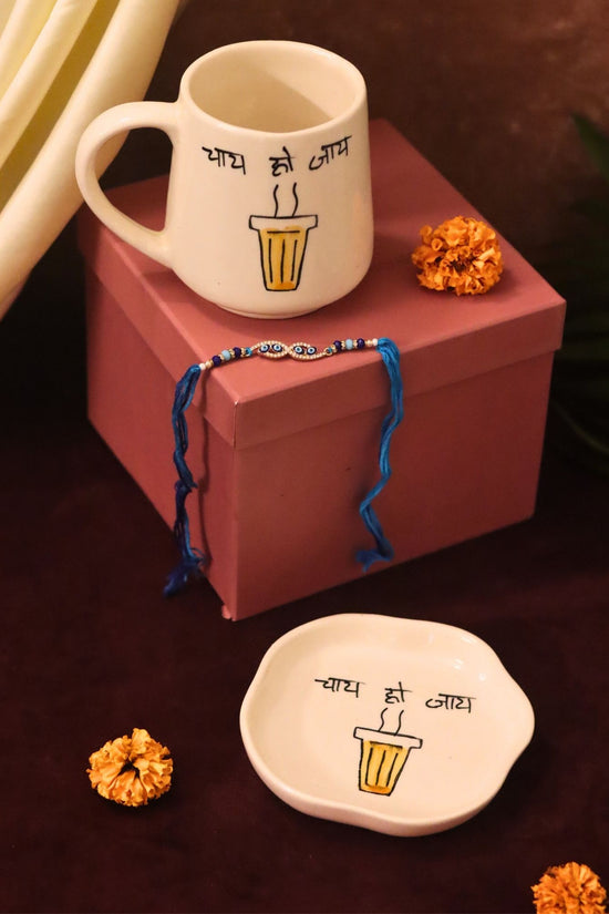 Handmade Chai Ho Jaye Mug & Handmade Dessert Plate Rakhi Gift Box
