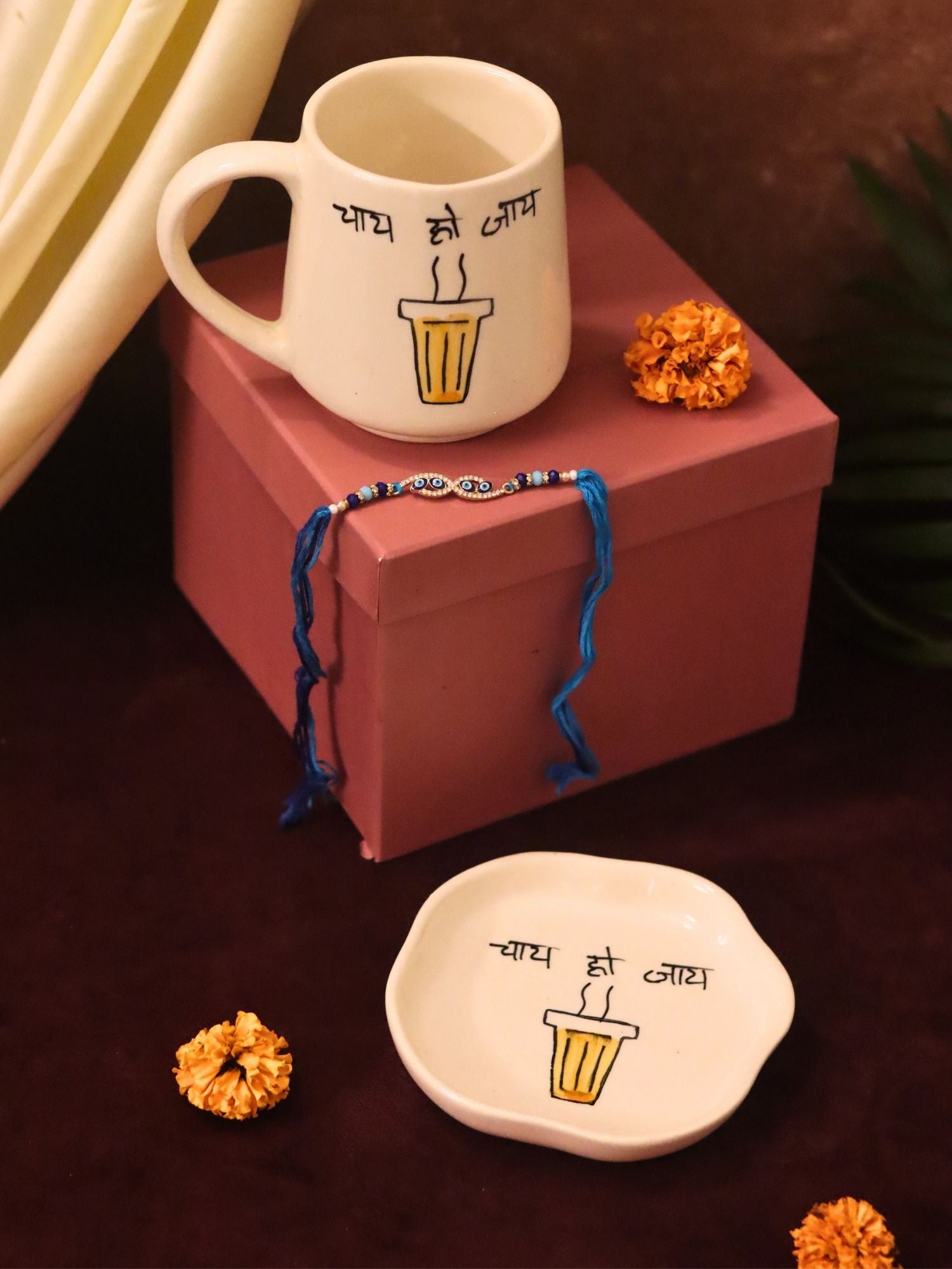 Handmade Chai Ho Jaye Mug & Handmade Dessert Plate Rakhi Gift Box