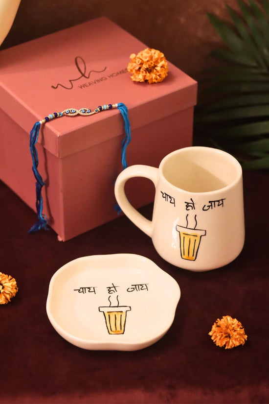 Chai Ho Jaye Mug & Handmade Dessert Plate Rakhi Gift Box made by ceramic