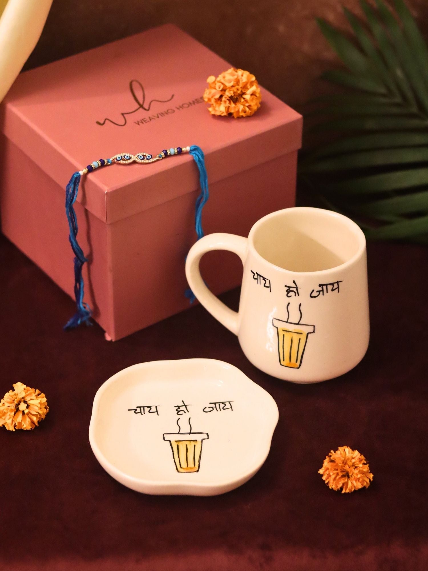 Chai Ho Jaye Mug & Handmade Dessert Plate Rakhi Gift Box made by ceramic