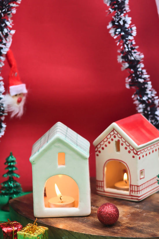 Set of 2 - Christmas Hut & Green House tea light holder