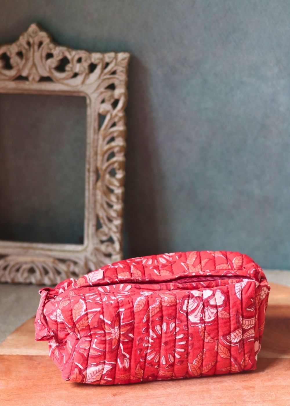 red floral toiletry bag handmade in india 