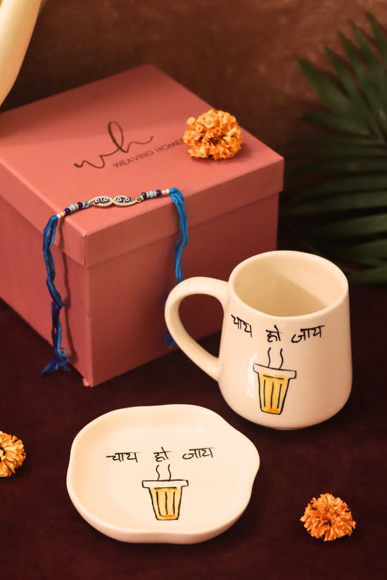 Chai Ho Jaye Mug & Handmade Dessert Plate Rakhi Gift Box with premium quality material, handmade in India