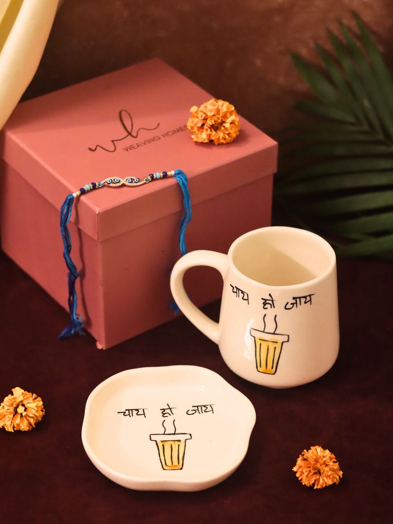 Chai Ho Jaye Mug & Handmade Dessert Plate Rakhi Gift Box with premium quality material, handmade in India