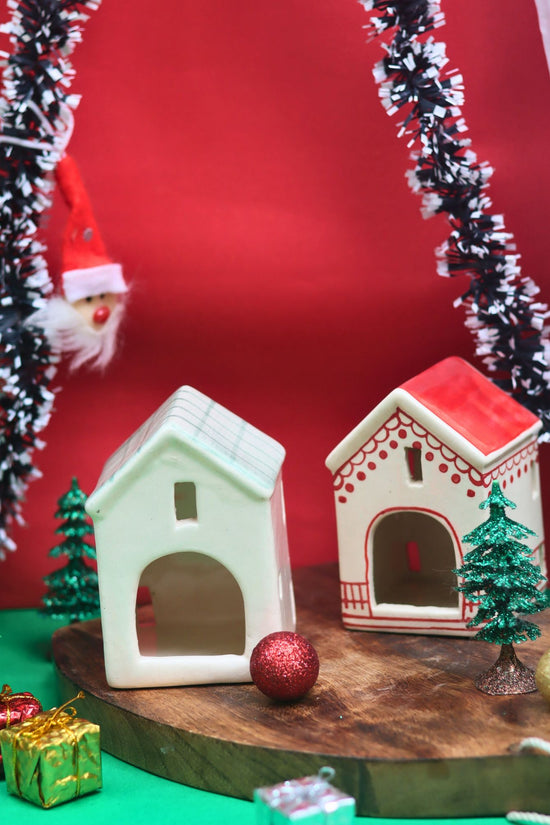 Set of 2 - Christmas Hut & Green House tea light holder