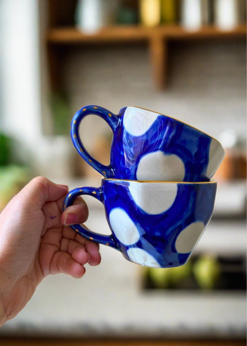 Handmade blue & gold polka mug 