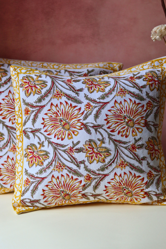 Yellow Ochre Block Printed Cushion Covers