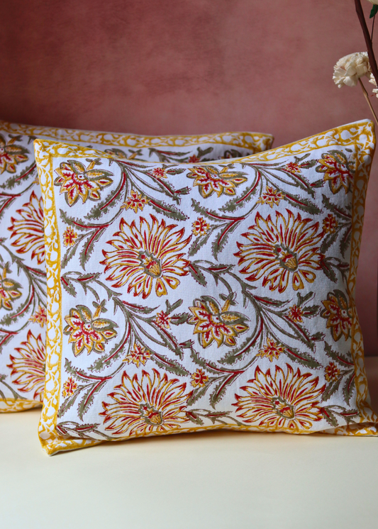 Yellow Ochre Block Printed Cushion Covers