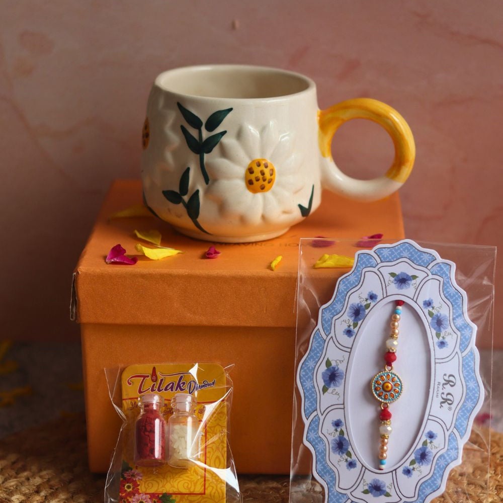 daisy mug rakhi gift box made by ceramic