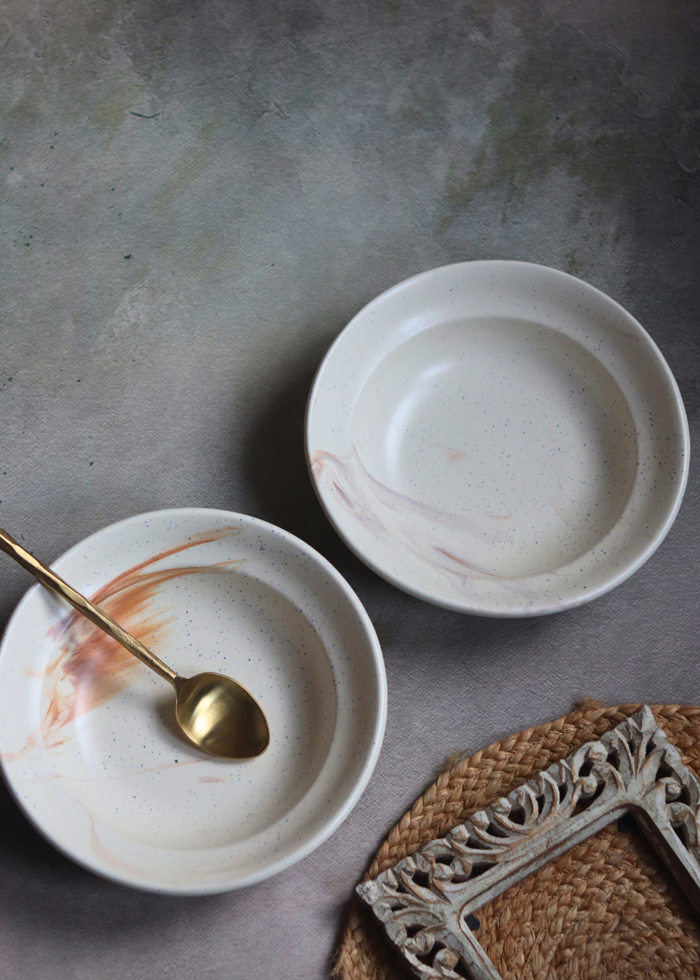Two Handmade Ceramic Pasta Plates With Spoon