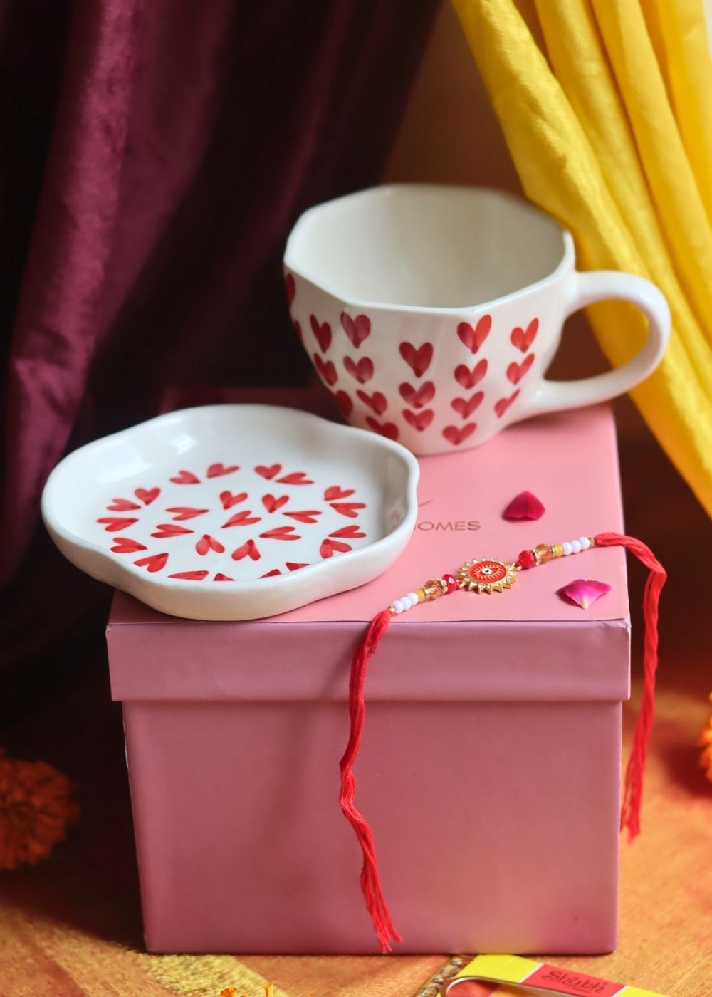 Heart Mug & All Heart Dessert Plate   Rakhi Gift Box handmade in India