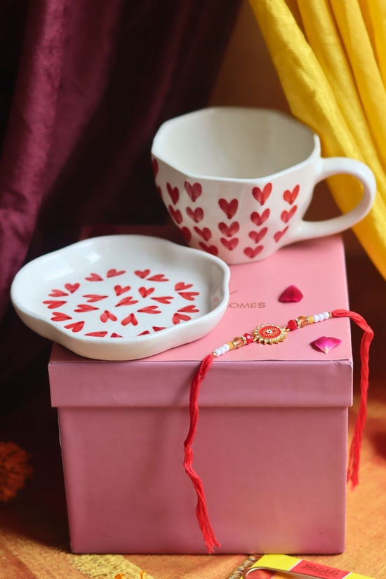 Heart Mug & All Heart Dessert Plate   Rakhi Gift Box handmade in India