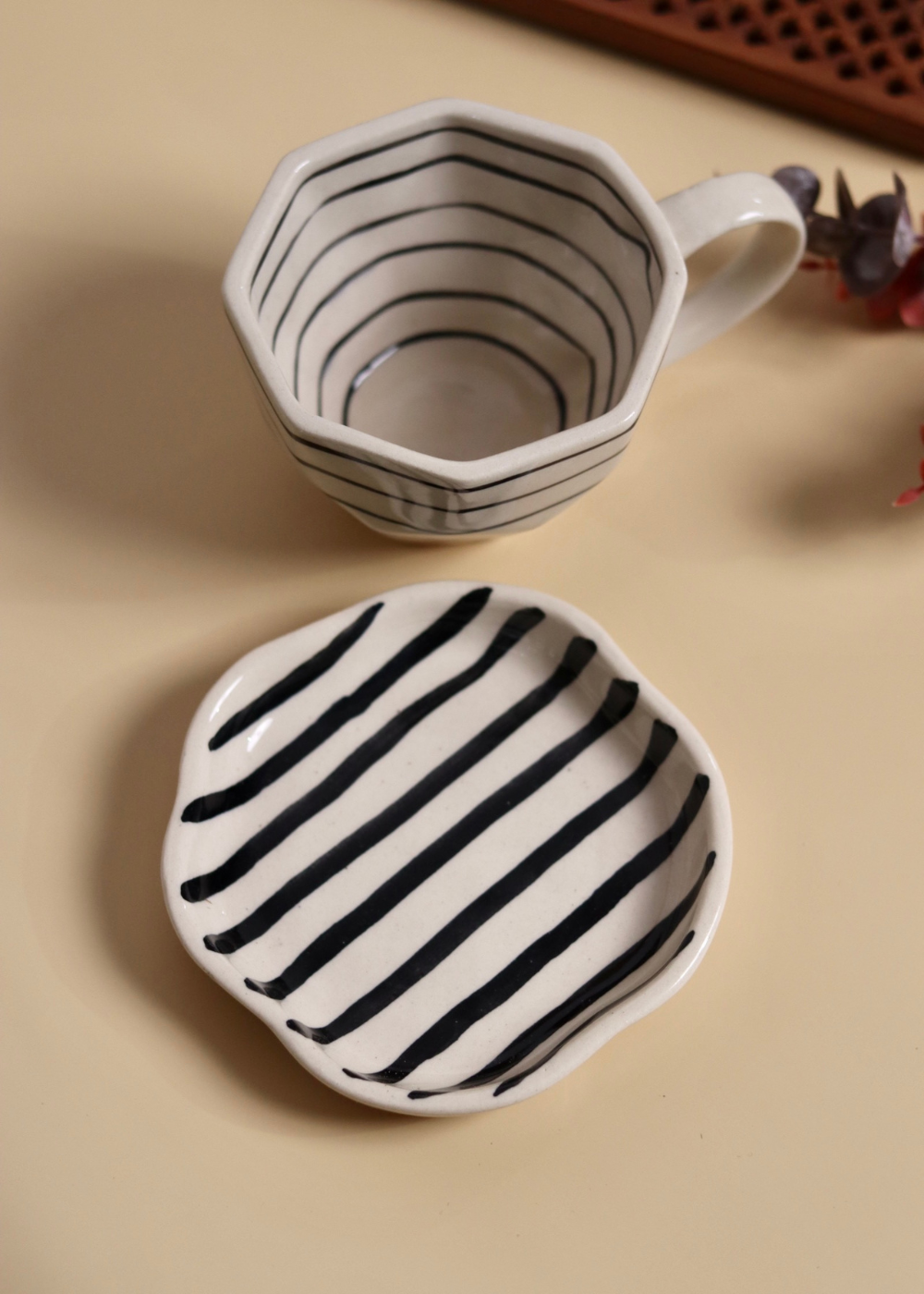black lined & zebra dessert plate set of two, made by ceramic , combo, mug & dessert plate 