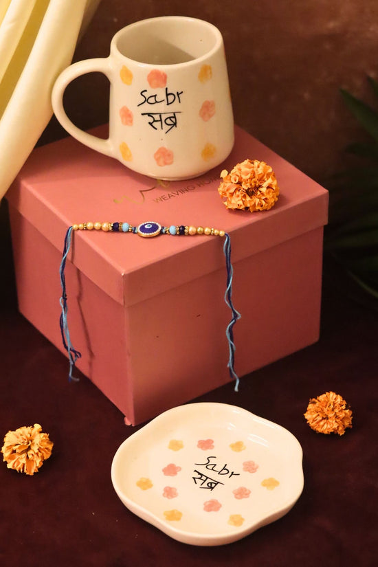handmade lead free Sabr Mug & Handmade Dessert Plate Rakhi Gift Box