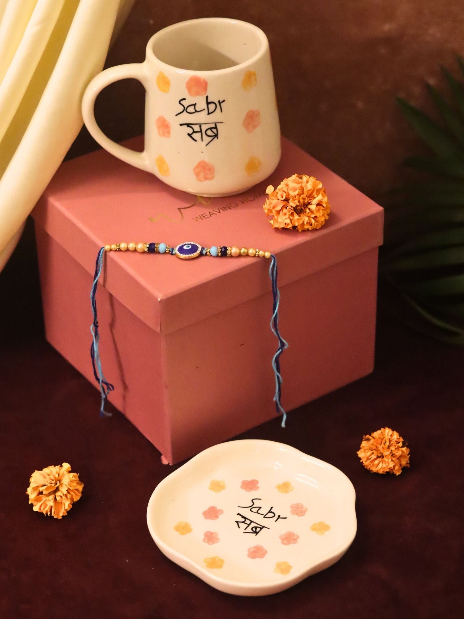 handmade lead free Sabr Mug & Handmade Dessert Plate Rakhi Gift Box