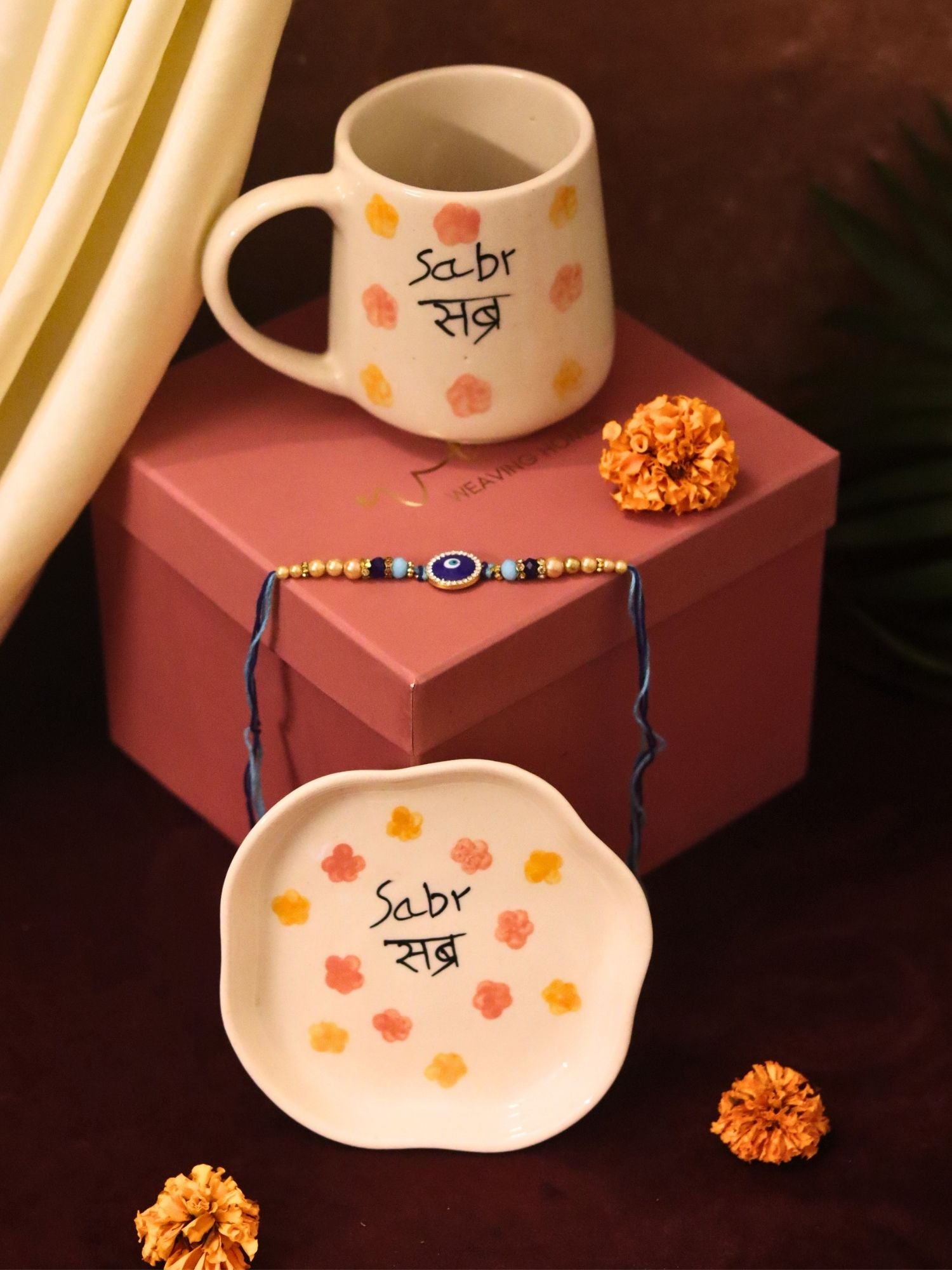 Sabr Mug & Handmade Dessert Plate Rakhi Gift Box made by ceramic