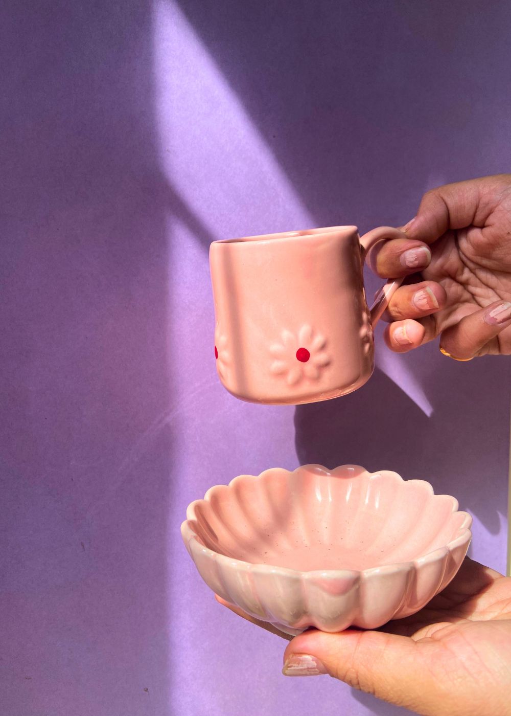 PInk lily Mug & ice cream bowl handmade in india 