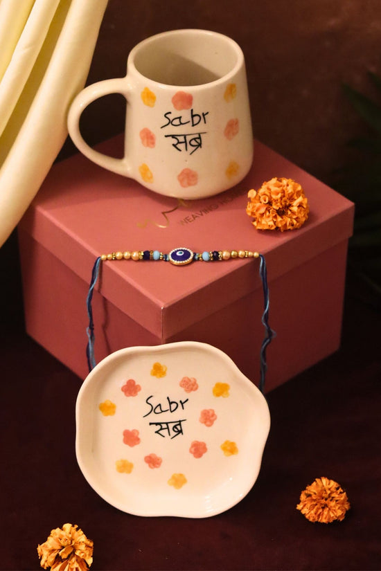 Sabr Mug & Handmade Dessert Plate Rakhi Gift Box with premium quality material, handmade in India
