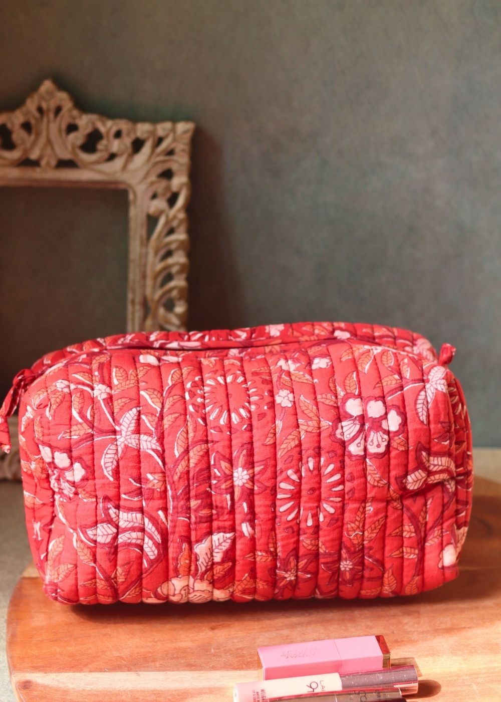 red floral toiletry bag handmade in india 