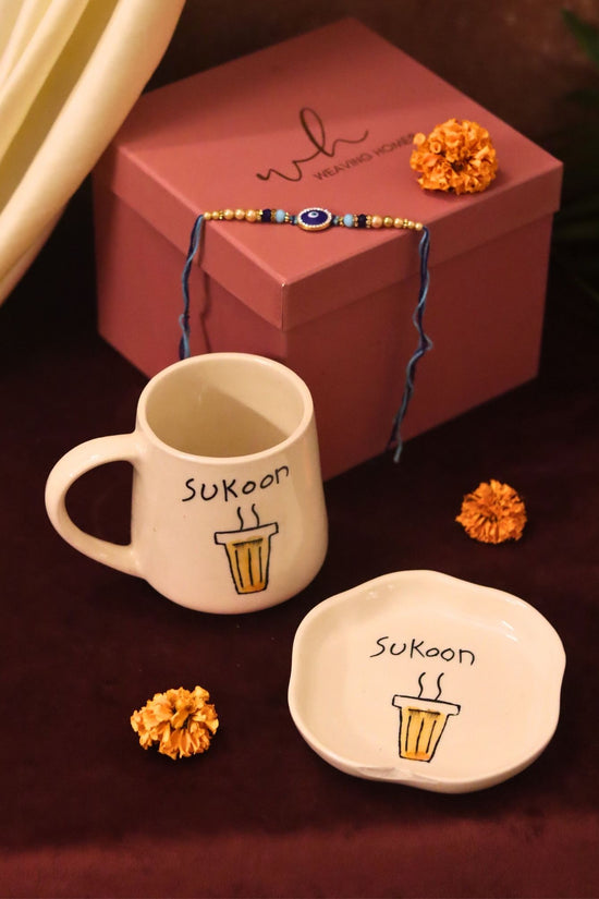 handmade Sukoon Mug & Handmade Dessert Plate Rakhi Gift Box