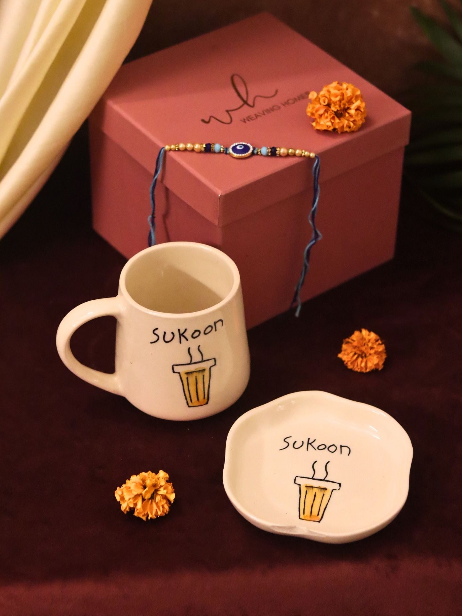 handmade Sukoon Mug & Handmade Dessert Plate Rakhi Gift Box