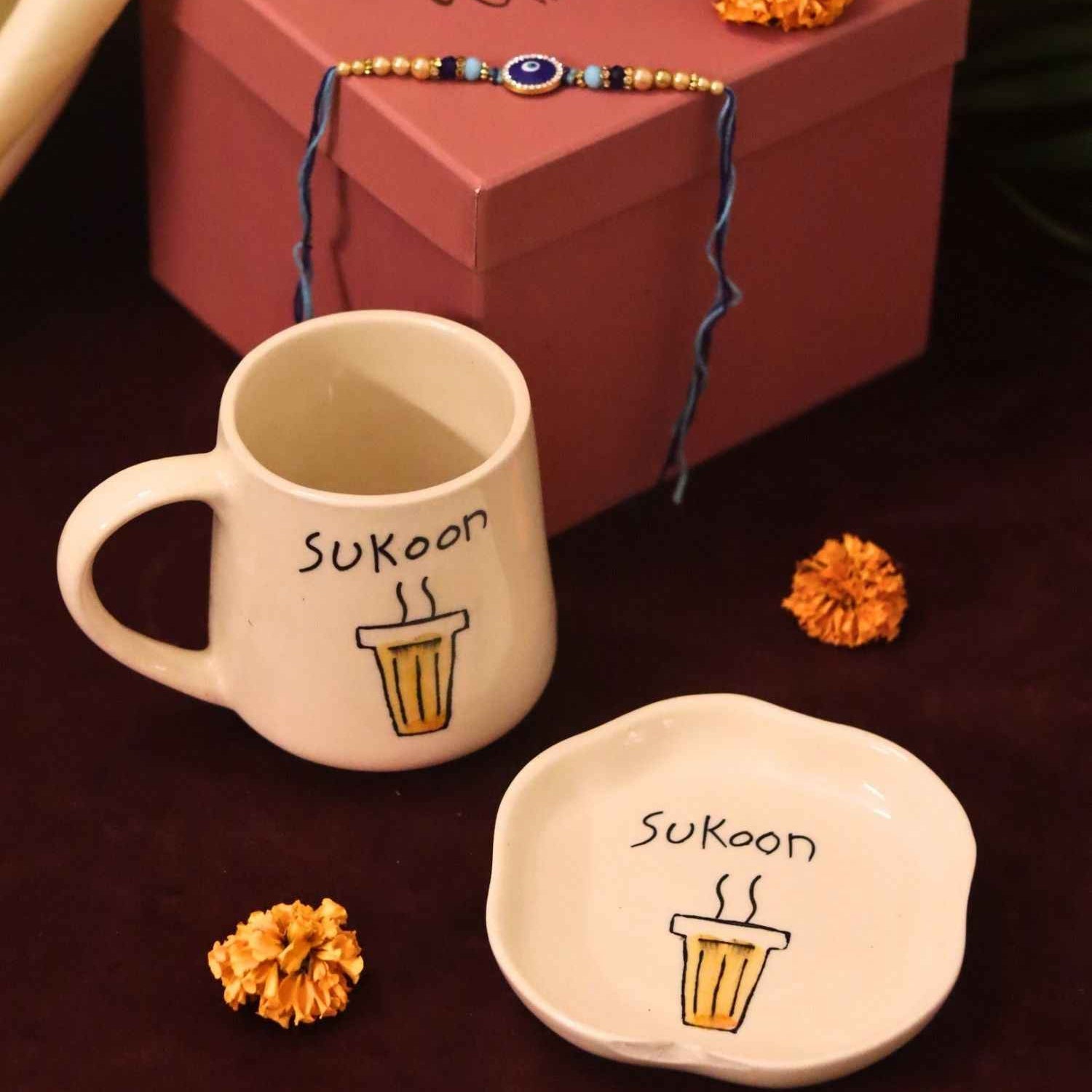 Sukoon Mug & Handmade Dessert Plate Rakhi Gift Box