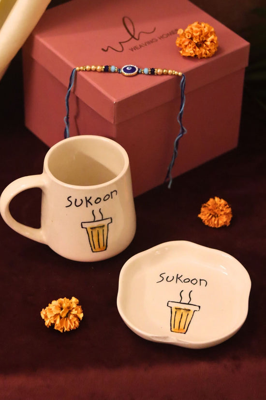 Sukoon Mug & Handmade Dessert Plate Rakhi Gift Box made by ceramic