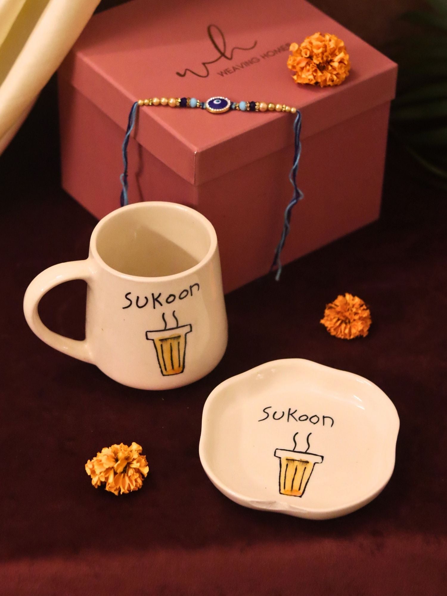 Sukoon Mug & Handmade Dessert Plate Rakhi Gift Box made by ceramic