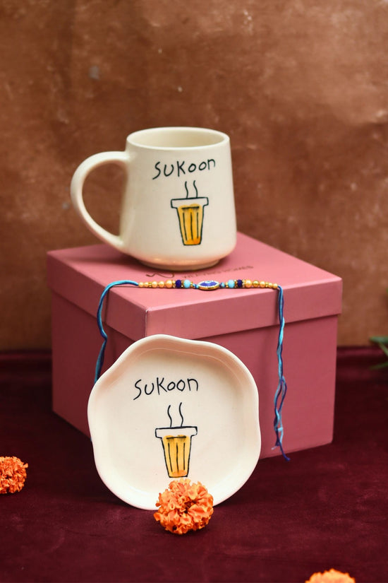 Sukoon Mug & Handmade Dessert Plate Rakhi Gift Box with premium quality material
