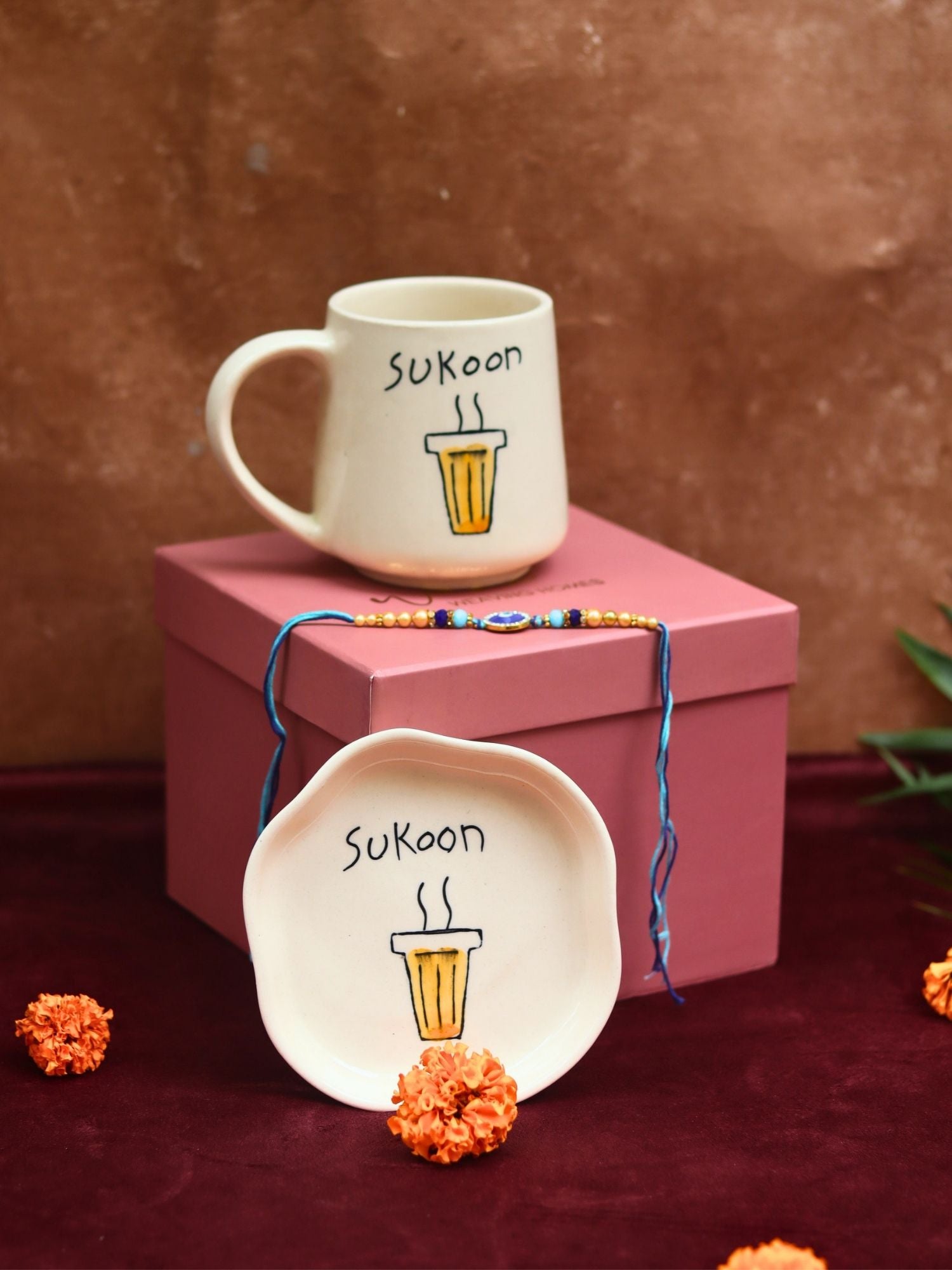 Sukoon Mug & Handmade Dessert Plate Rakhi Gift Box with premium quality material