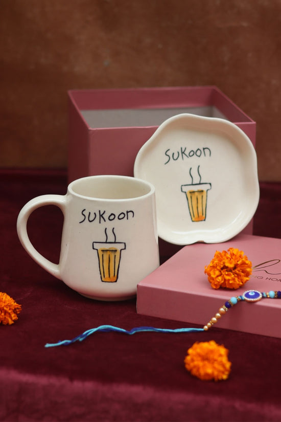 Sukoon Mug & Handmade Dessert Plate Rakhi Gift Box handmade in India