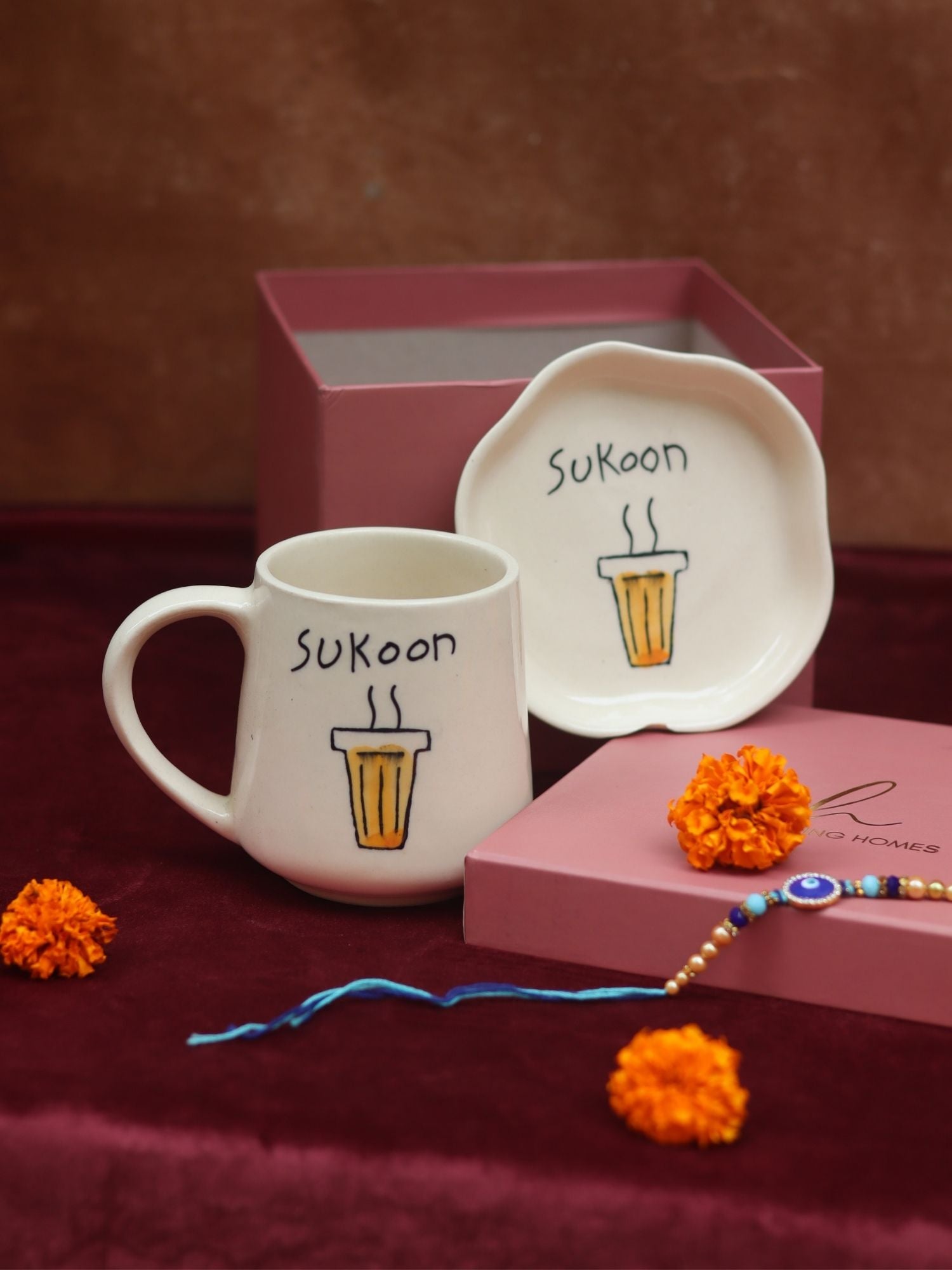 Sukoon Mug & Handmade Dessert Plate Rakhi Gift Box handmade in India