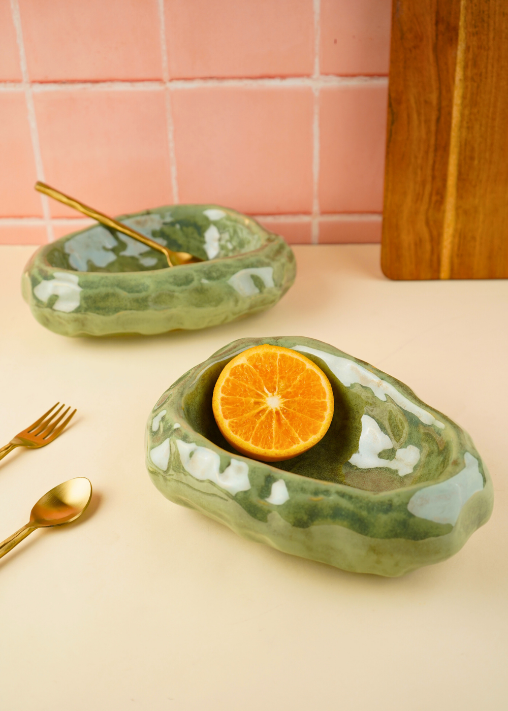 handmade pistachio stoneware curry bowl for your delicious beverage
