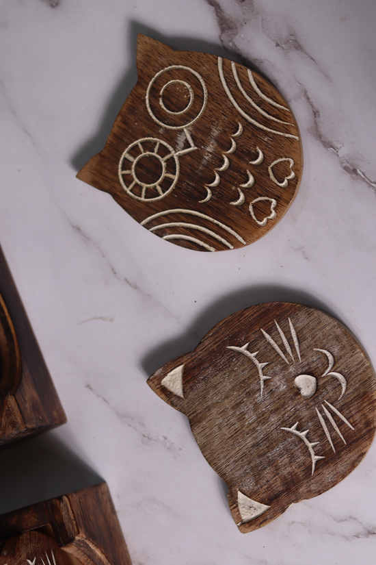 wooden cat & owl coaster 