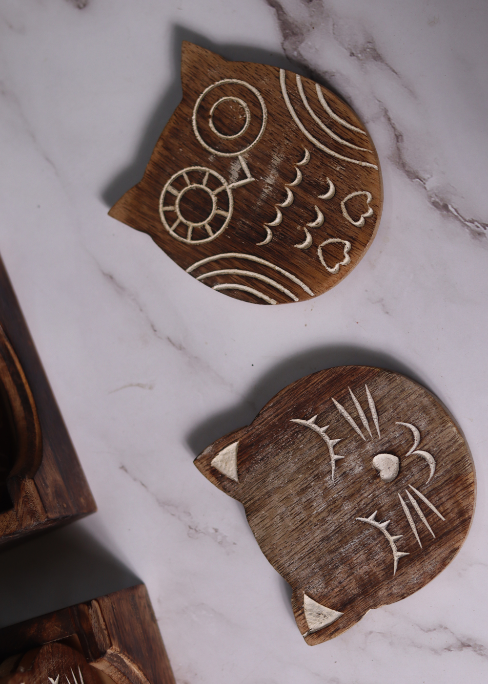 wooden cat & owl coaster 