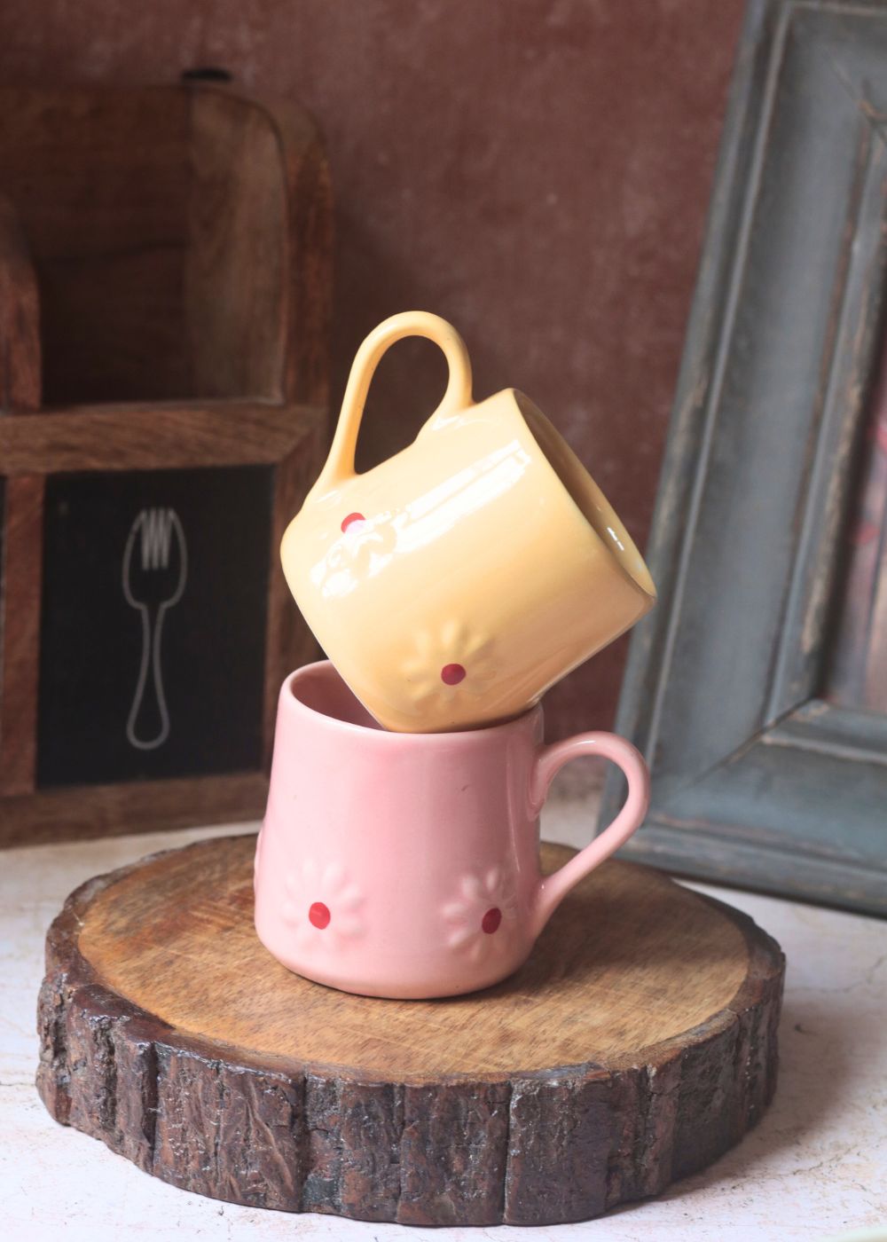 Handmade Set of 2 - Yellow & Pink Lily Mug