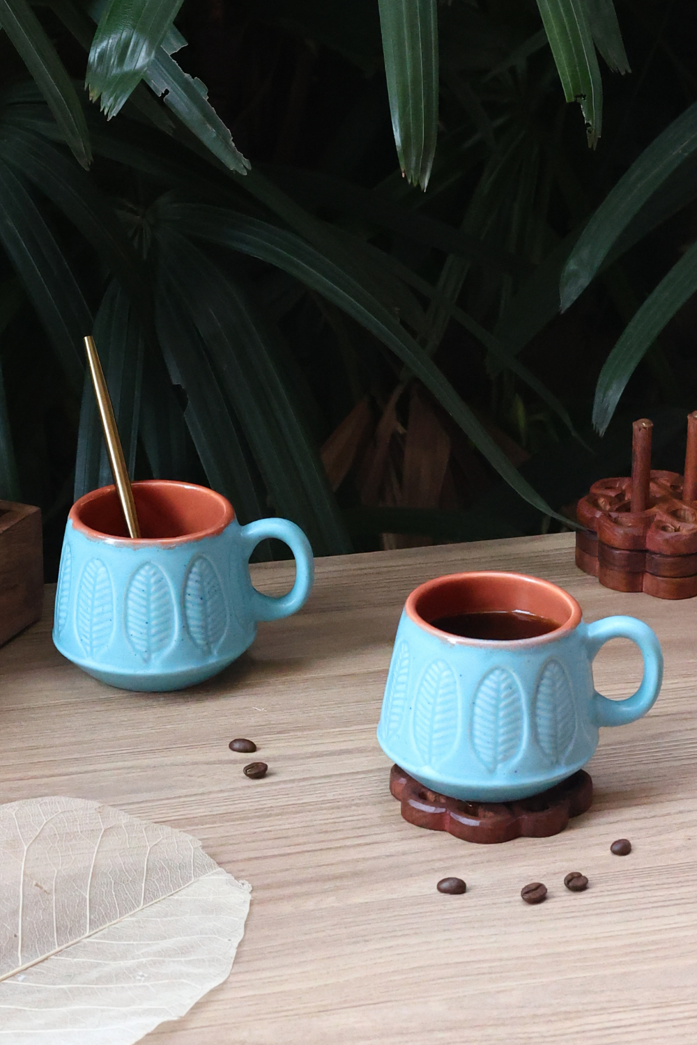 handmade blue serene leaf coffee mug set of two combo