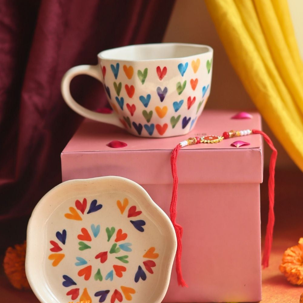 handmade LoveisLove Mug & LoveisLove Dessert Plate Rakhi Gift Box