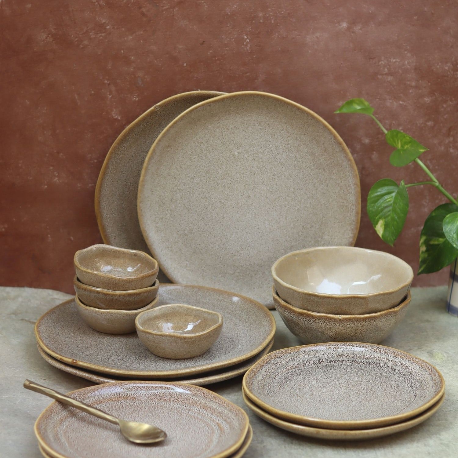 handmade Set of 14 -  Beige Artisanal Dinner Set