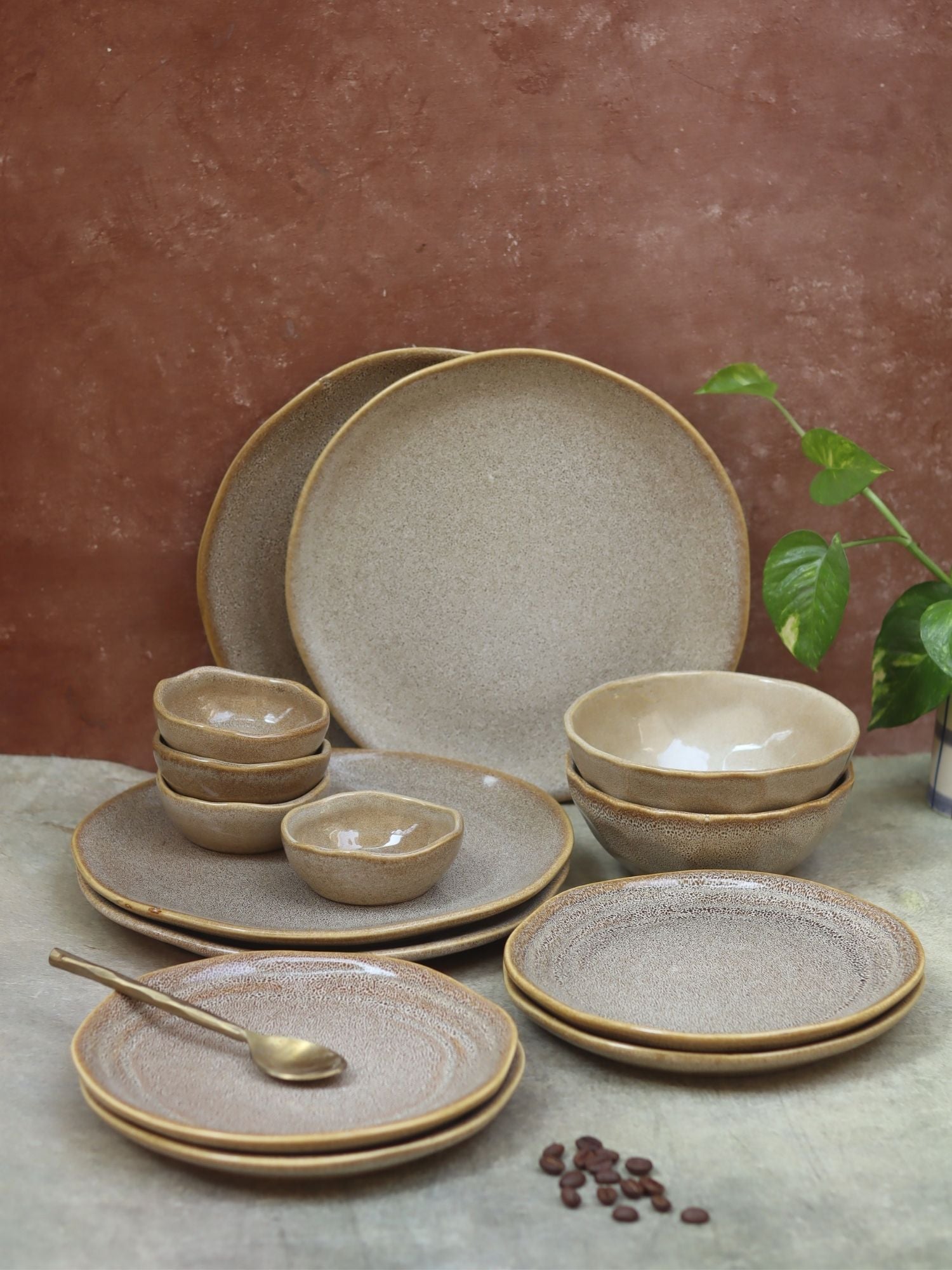 handmade Set of 14 -  Beige Artisanal Dinner Set